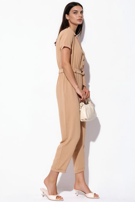 Effen Geweven Jumpsuit met Kraag en Strikdetail - Image 2