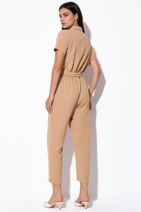 Effen Geweven Jumpsuit met Kraag en Strikdetail - Image 3