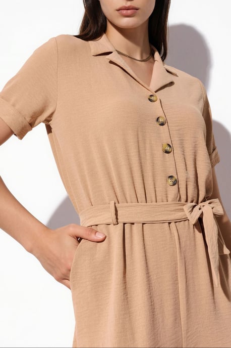 Effen Geweven Jumpsuit met Kraag en Strikdetail - Image 4