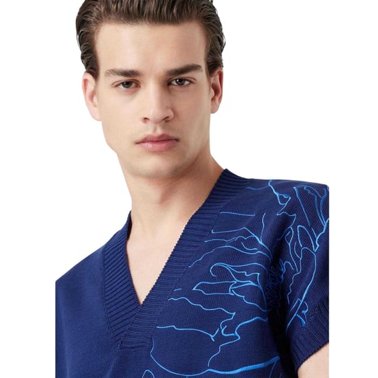 Emporio Armani Herr Floral V-Neck Tröja Väster (Blå) - Image 3