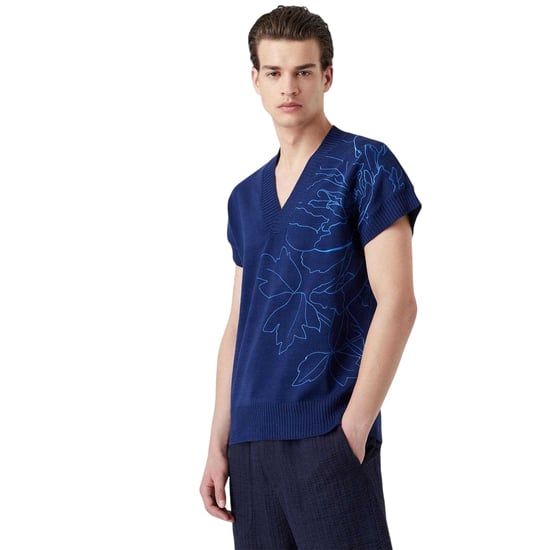 Emporio Armani Herr Floral V-Neck Tröja Väster (Blå) - Image 4