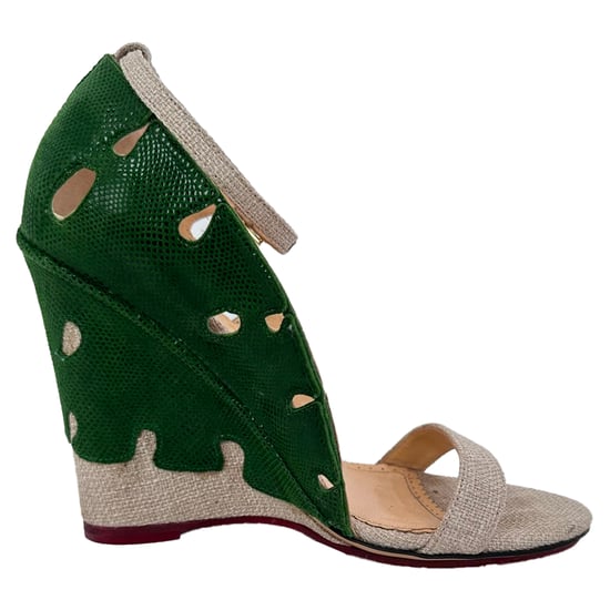 Charlotte Olympia Leaf Accent Sandal Heels in Green and Beige Raffia - Image 1