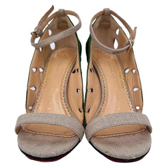 Charlotte Olympia Leaf Accent Sandal Heels in Green and Beige Raffia - Image 2