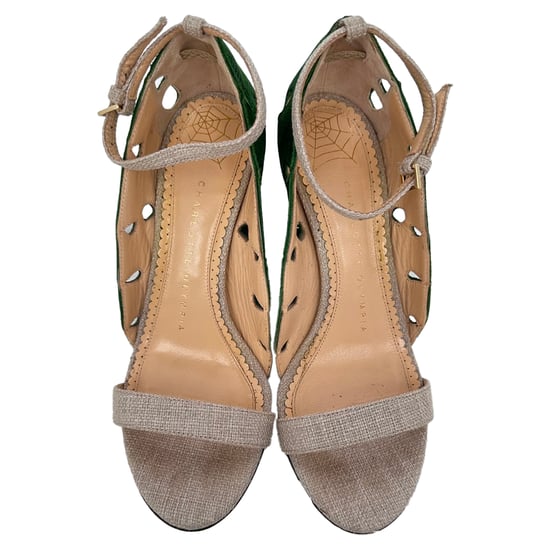 Charlotte Olympia Leaf Accent Sandal Heels in Green and Beige Raffia - Image 3