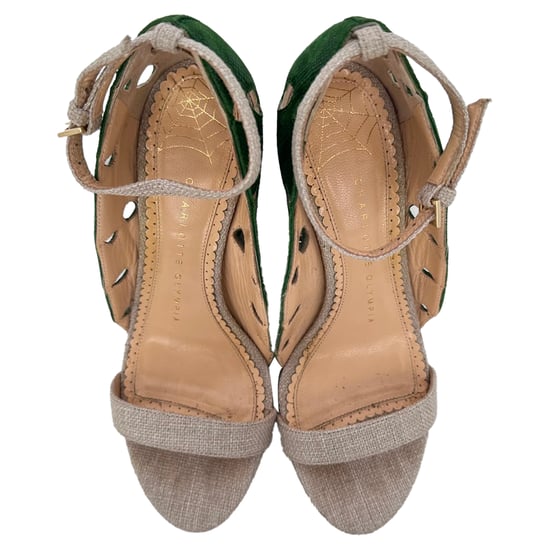 Charlotte Olympia Leaf Accent Sandal Heels in Green and Beige Raffia - Image 4