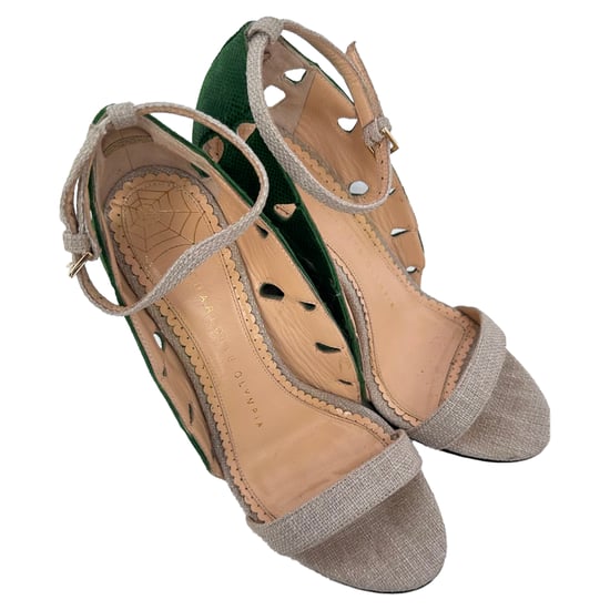 Charlotte Olympia Leaf Accent Sandal Heels in Green and Beige Raffia - Image 5