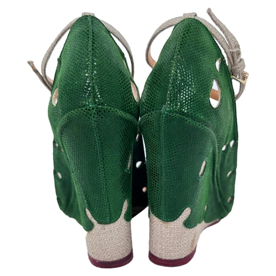 Charlotte Olympia Leaf Accent Sandal Heels in Green and Beige Raffia - Image 6