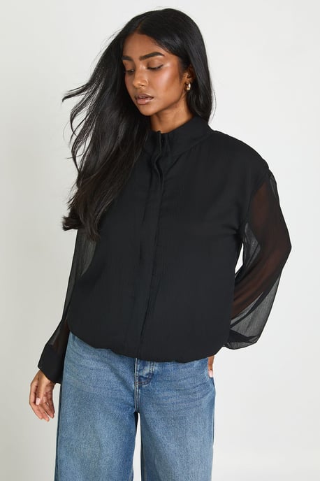 Chiffon Sheer Sleeve Funnel Neck Blouse - Image 1