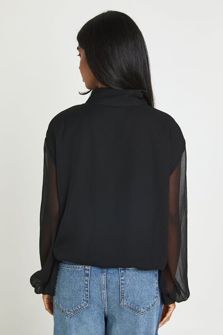 Chiffon Sheer Sleeve Funnel Neck Blouse - Image 2
