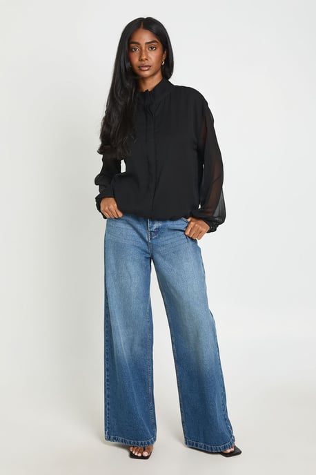 Chiffon Sheer Sleeve Funnel Neck Blouse - Image 3