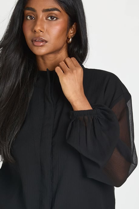 Chiffon Sheer Sleeve Funnel Neck Blouse - Image 4