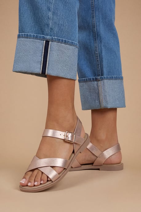 Florence Faux Leather Cross Strap Flat Sandals - Image 1