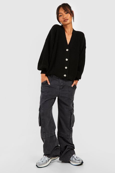 Balloon Sleeve Button Through Rib Cardigan - Image 3