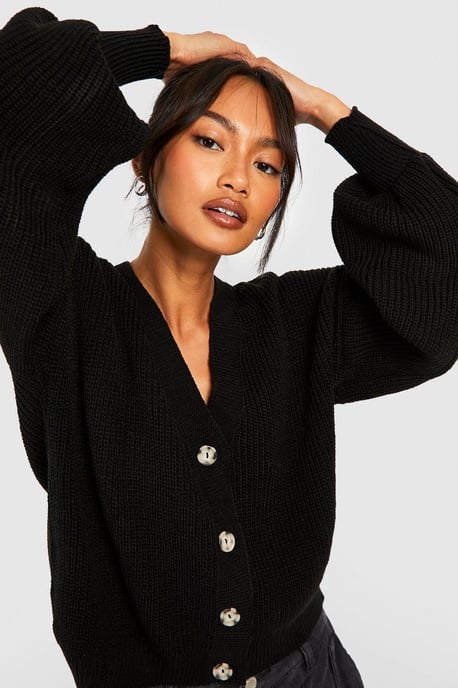 Balloon Sleeve Button Through Rib Cardigan - Image 4