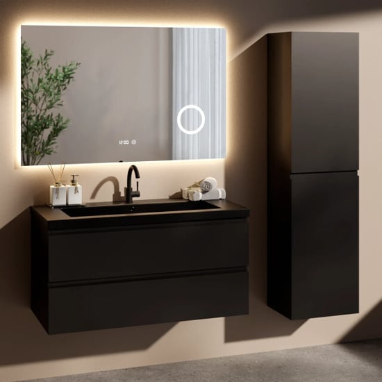 Mirlux Badkamermeubel set novara 100cm mat zwart wastafel zwart - Image 1