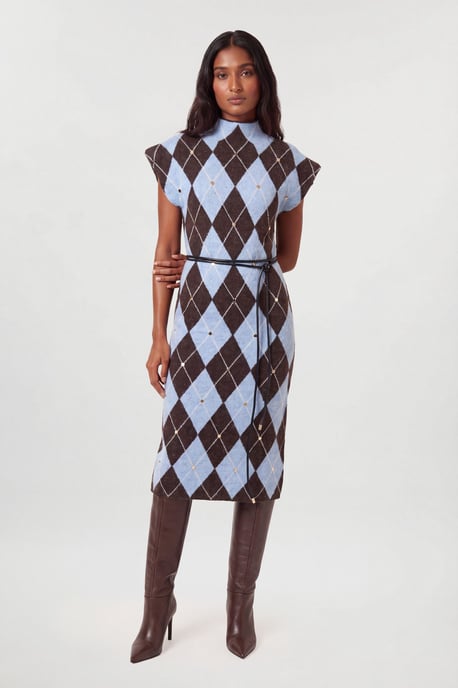 Studded Argyle Wool Blend Cosy Knit Belted Midi Dress - Image 1