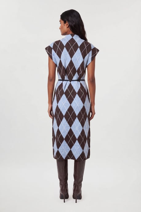 Studded Argyle Wool Blend Cosy Knit Belted Midi Dress - Image 2