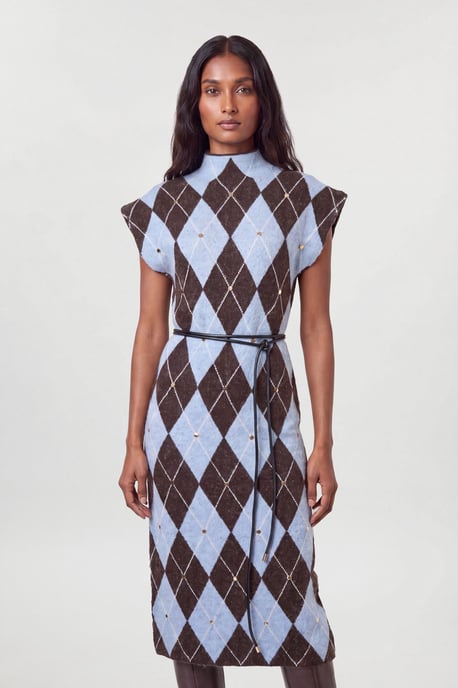 Studded Argyle Wool Blend Cosy Knit Belted Midi Dress - Image 3