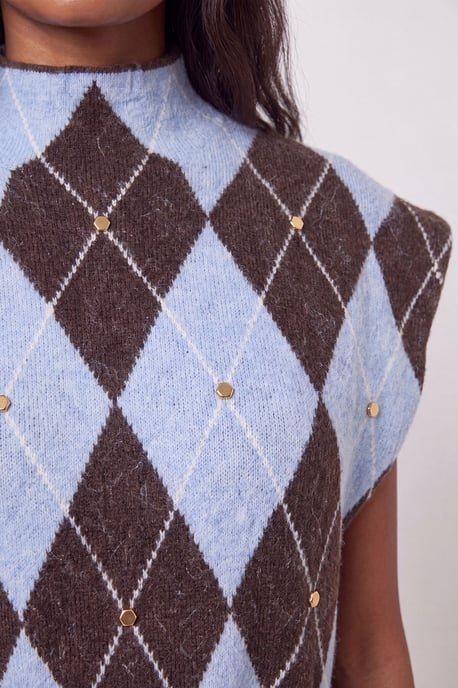 Studded Argyle Wool Blend Cosy Knit Belted Midi Dress - Image 4