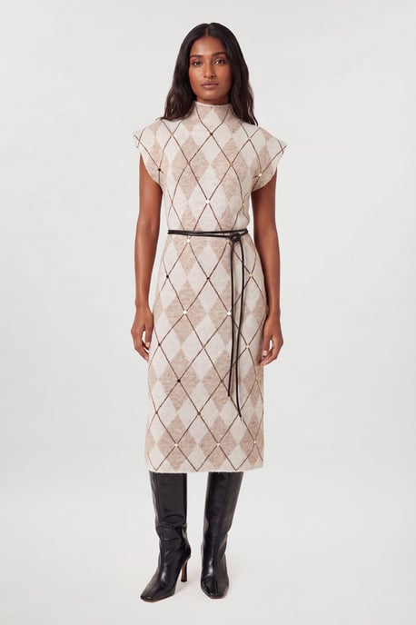 Studded Argyle Wool Blend Cosy Knit Belted Midi Dress - Image 1