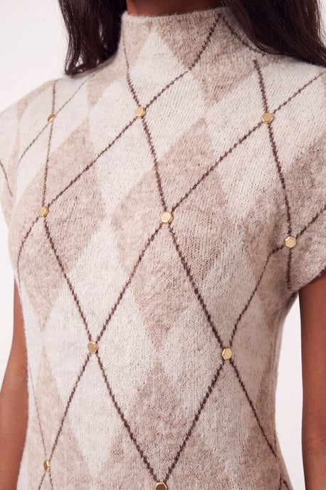 Studded Argyle Wool Blend Cosy Knit Belted Midi Dress - Image 3