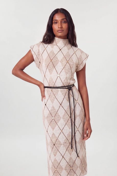Studded Argyle Wool Blend Cosy Knit Belted Midi Dress - Image 4