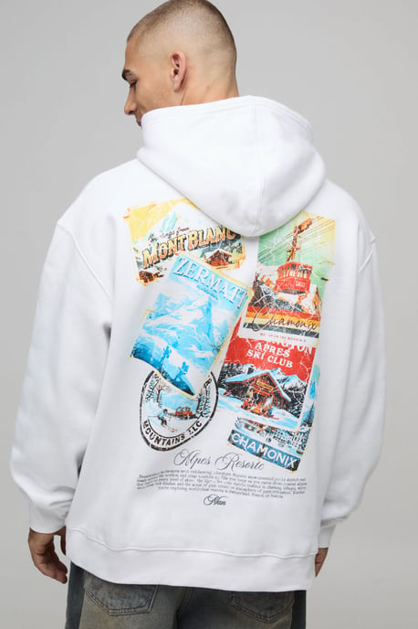 White Oversized Ski Postcard Printed Heavyweight Hoodie - Image 1