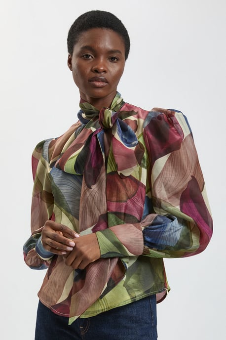 Petal Print Organza Pussybow Blouse - Image 3