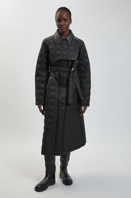Quilted & PU Mix Belted Padded Midi Coat - Image 1