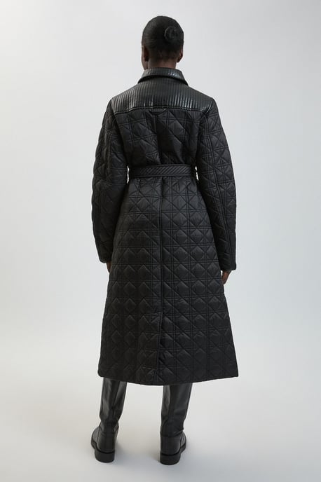 Quilted & PU Mix Belted Padded Midi Coat - Image 2