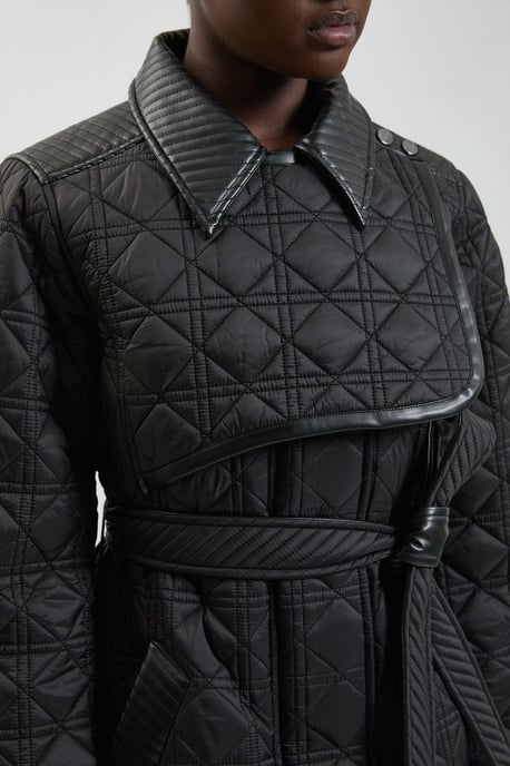 Quilted & PU Mix Belted Padded Midi Coat - Image 3
