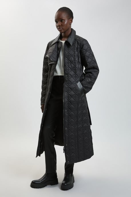 Quilted & PU Mix Belted Padded Midi Coat - Image 4