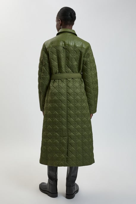 Quilted & PU Mix Belted Padded Midi Coat - Image 3