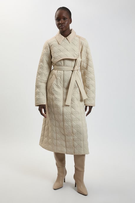 Quilted & PU Mix Belted Padded Midi Coat - Image 1
