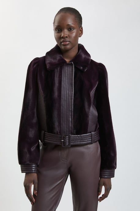 Faux Fur Pu Panelled Belted Cropped Jacket - Image 1
