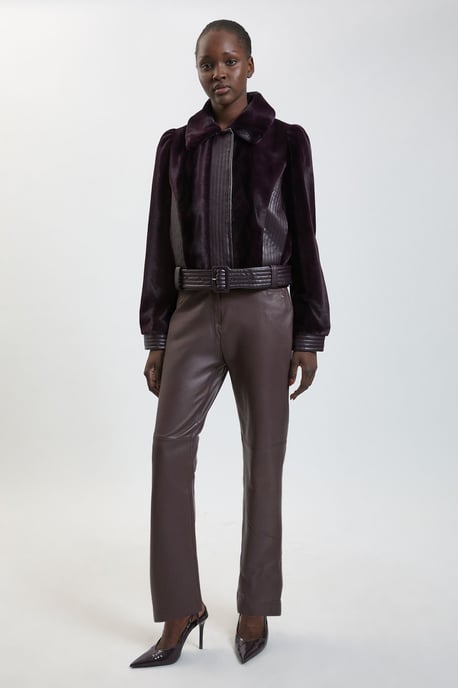 Faux Fur Pu Panelled Belted Cropped Jacket - Image 3