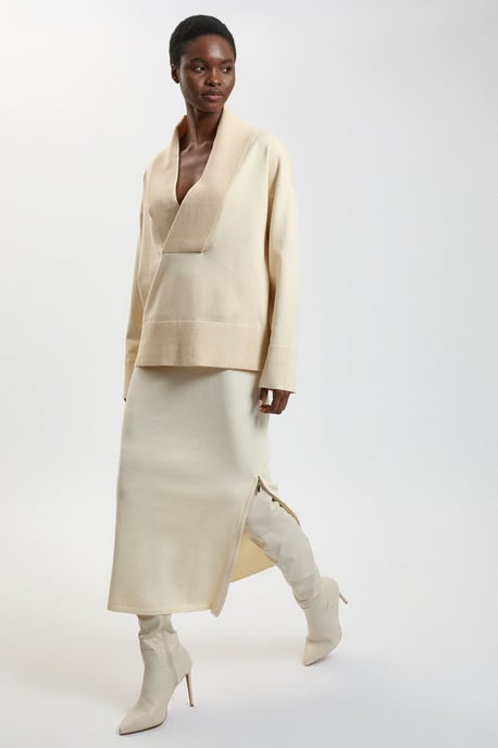 Wool Look Side Split Detail Knit Midi Skirt - Image 1