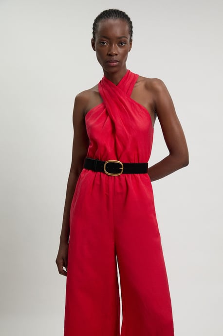 Viscose Linen Belted Halterneck Woven Jumpsuit - Image 2
