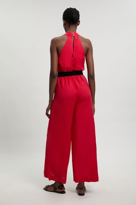 Viscose Linen Belted Halterneck Woven Jumpsuit - Image 3