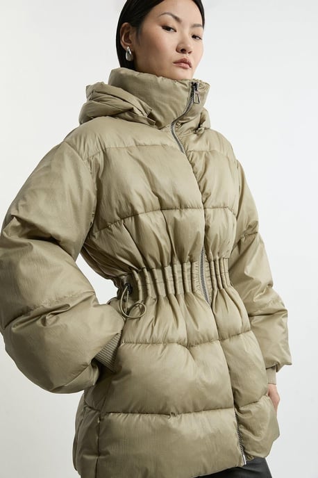 Quilted Drawstring Waist Hooded Rib Cuff Puffer Jacket - Image 1
