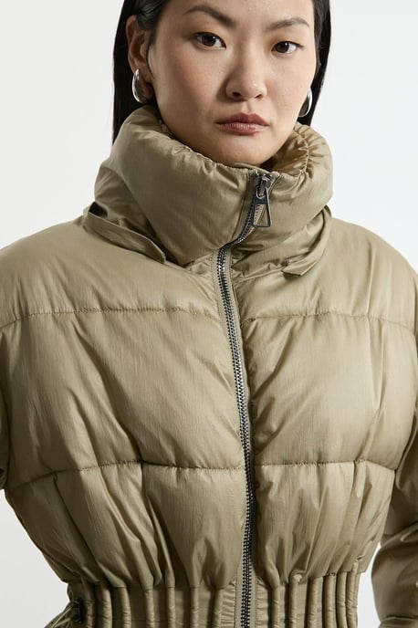 Quilted Drawstring Waist Hooded Rib Cuff Puffer Jacket - Image 2