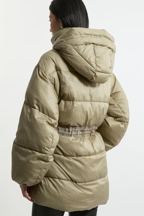 Quilted Drawstring Waist Hooded Rib Cuff Puffer Jacket - Image 3