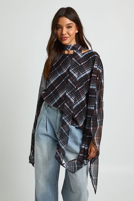 Chiffon Check Scarf Cape Blouse - Image 1