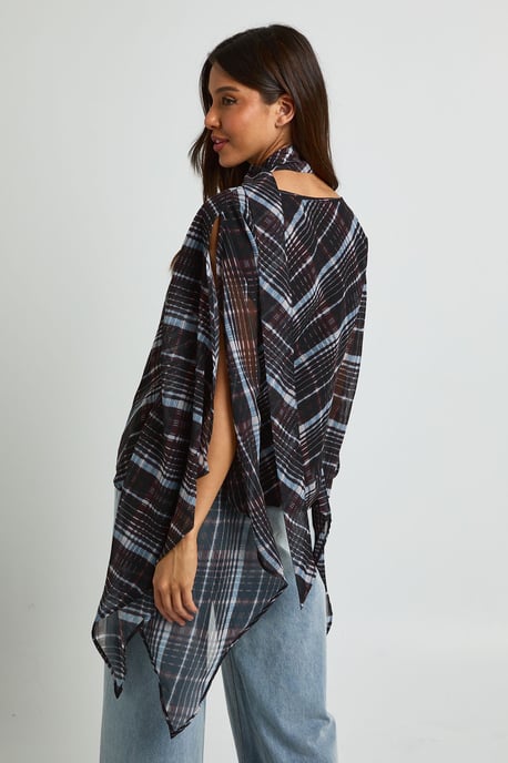 Chiffon Check Scarf Cape Blouse - Image 2