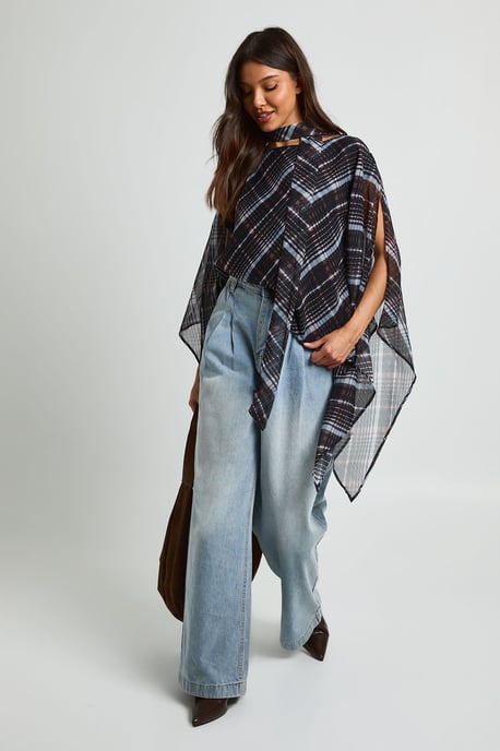 Chiffon Check Scarf Cape Blouse - Image 3