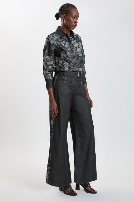 Denim & Jacquard Contrast Wide Leg Jean - Image 1
