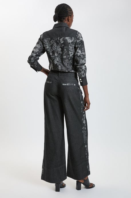 Denim & Jacquard Contrast Wide Leg Jean - Image 3