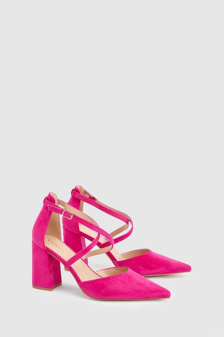 Wide Fit Treat Faux Suede Cross Strap Pointed Block Heel Court Shoes - Image 1