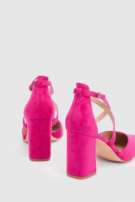 Wide Fit Treat Faux Suede Cross Strap Pointed Block Heel Court Shoes - Image 2