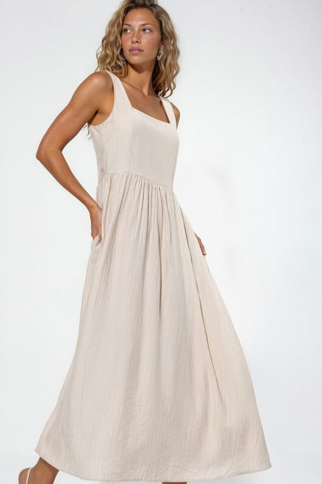 Solid Midi Dress with Square Collar - Image 2